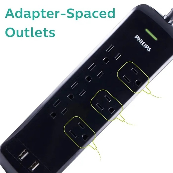 Philips 7-Outlet 2-USB 4ft. Surge Protector - Black - Picture 5 of 11